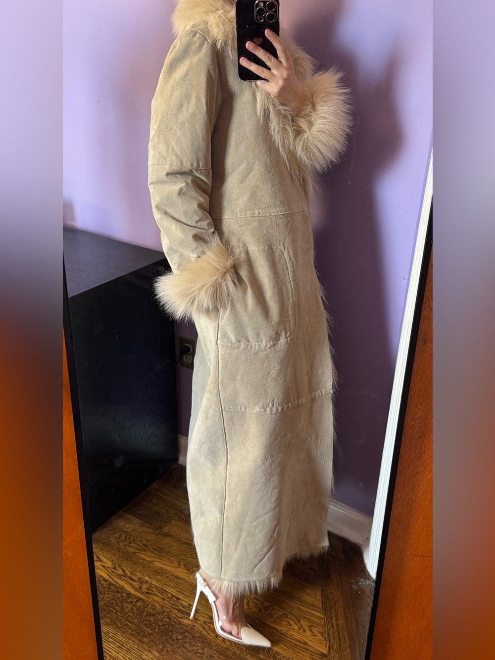 Ivory sheepskin shearling fur coat leather faux fur trim size small - Picture 13 of 16